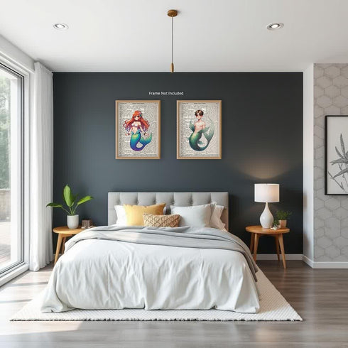 Posterizer 2 pcs-Cute Mermaid and Merman Dictionary Wall Art-Abstract Modern Art-Movie Cinema Art-Gift for Daughter, Son, Kids-Decor for nursery t...