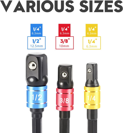 3Pcs Impact Grade Driver Sockets Drill Adapter Extension Set 1/4", 1/2", 3/8 Reducer Set Turns Power Drill Into High Speed Nut Driver Socket to Dr...