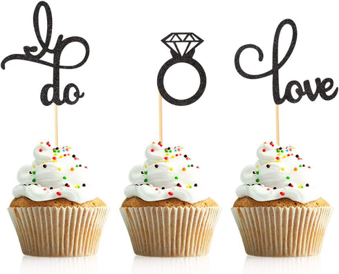 48 Pcs Black Glitter Diamond Ring Cupcake Toppers Love I Do Cake Picks for Wedding Engagement Party Decorations...