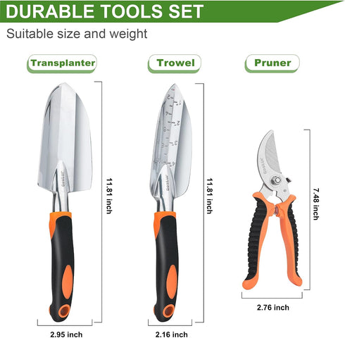 Garden Tool Set, 3PCS Sturdy Gardening Hand Tools Kit - Trowel/Shovel, Transplanter, Sharp Bypass Pruning Shears/Scissors/Clippers - Comfortable H...