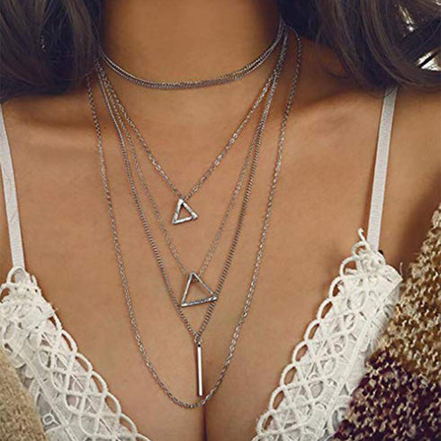 Bohemia Layered Choker Necklace Silver Triangle Necklace Bar Necklace Geometric Necklace Bohemian Jewelry for Women and Girls...