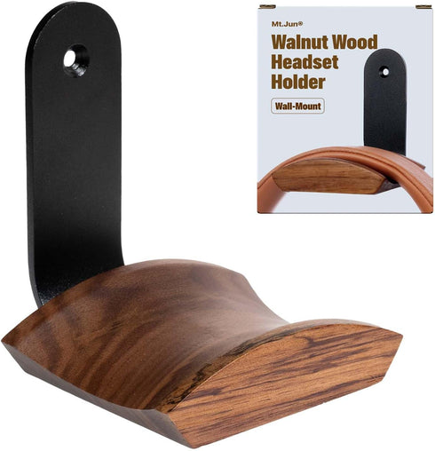 Walnut Wood Headphone Wall Mount Holder, with VHB Adhesive Tape and Screw, Holds 10 lbs (Black & Walnut Wood)...