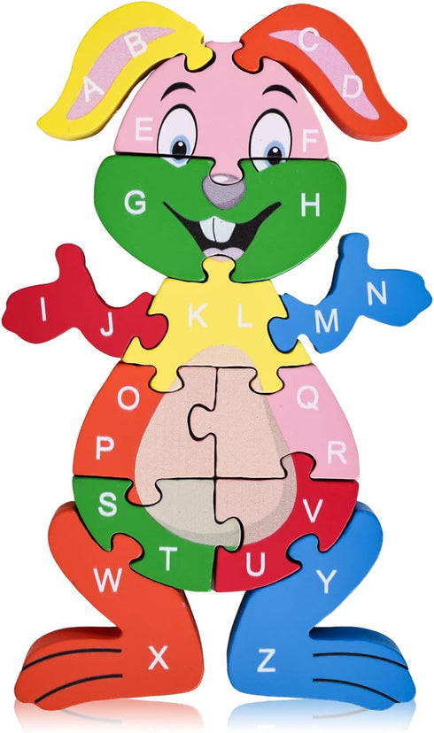 LovesTown Rabbit Wooden Puzzles, 26PCS Alphabet and Number Building Blocks Wood Jigsaw Puzzle for Kids Preschool...