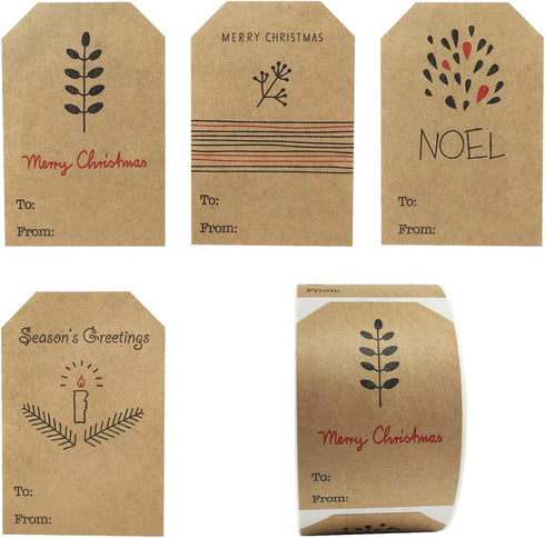 Boho Simple Christmas Gift Tag Adhesive Stickers – 2 x 3 Inch Labels, Roll of 100 with Minimalist Designs – Merry Christmas, Noel, and Candle, Mad...