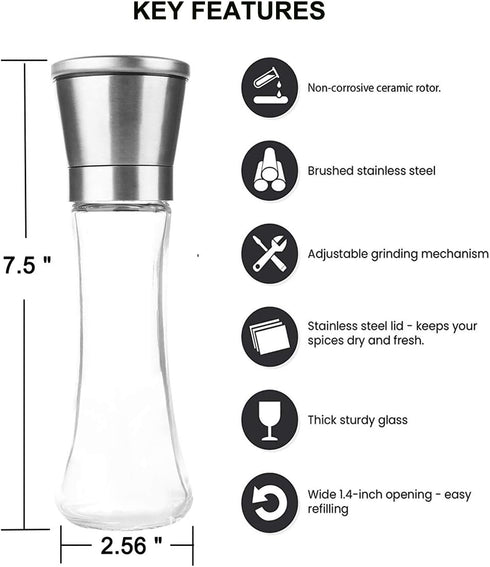 Pepper Grinder or Salt Grinder, Best Spice Mill with Ceramic Blades, Adjustable Coarseness, Brushed Stainless Steel Cap, and Refillable Tall Glass...