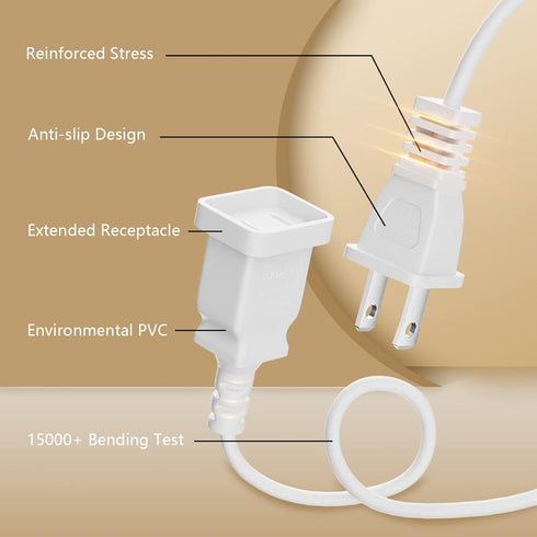 2-Prong Power Extension Cord White 16ft, BolAAzuL Long US Male to Female Single Plug Extension Power Cable 16AWG 13A/125V SPT2 Insulated, 2 Outlet...