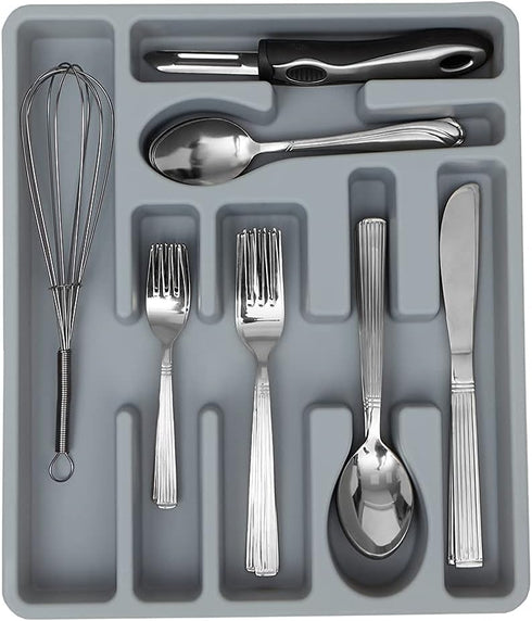 Home Basics 7 Compartment Deep Molded Plastic Flatware and Utensil Tray Holder Cutlery Organizer with Rounded Corners, Stackable Design | Grey...