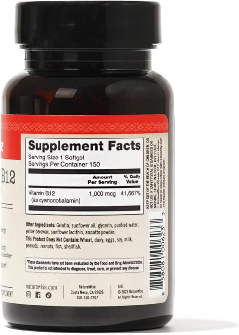 NatureWise Vitamin B12 1000 mcg - B12 Vitamin Supplement for Supporting Energy Levels, Mental Clarity, Nervous System Health - Easy-to-Swallow, Gl...