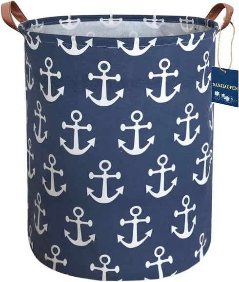 Kids Hamper,Collapsible Laundry Baskets,Waterproof Storage Baskets with Leather Handle,Nautical Decor,Toy Organizer (Navy Blue Anchor)...