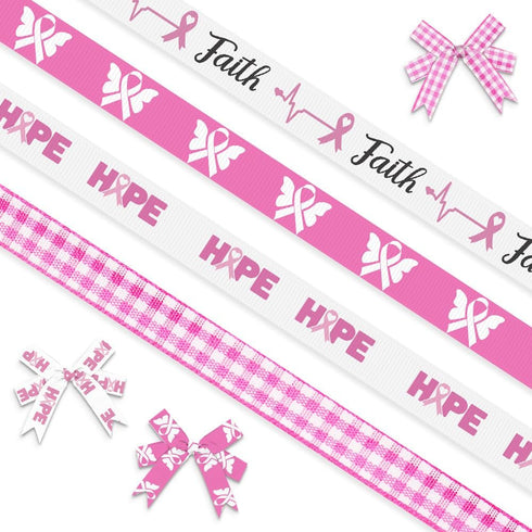 4 Rolls 20 Yards Breast Cancer Awareness Ribbons, 3/8" Pink White Buffalo Plaid Grosgrain Ribbons for Wrapping, Hope Faith Butterfly Ribbons for P...