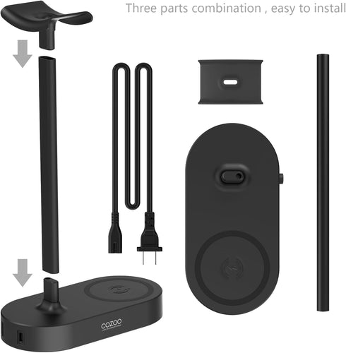 COZOO Headphone Stand with Fast Wireless Charging Pad and 2 USB Charging Ports, Suitable for Gaming, DJ, Wireless Earphone Accessories...