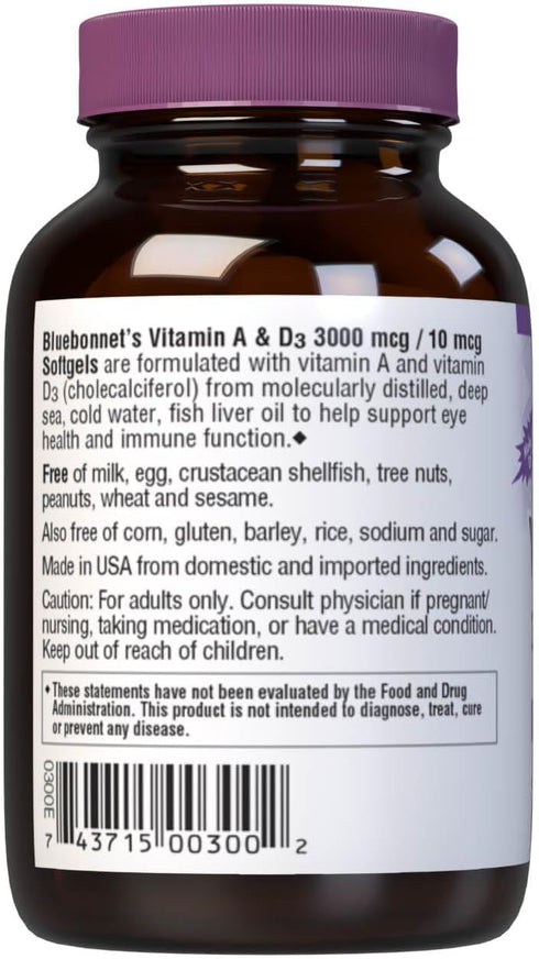 Bluebonnet Nutrition Vitamin A & D3 10,000 IU/400 IU from Deep Sea, Cold Water, Fish Oil - For Eye Health & Immune Function* - Gluten Free -Dairy ...