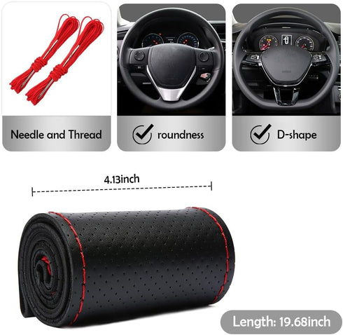 Car Stitch Steering Wheel Cover,Leather Steering Wheel Wrap with Needle and Thread,Anti Slip DIY Kit Steering Wheel Cover Men & Women for Car Inte...