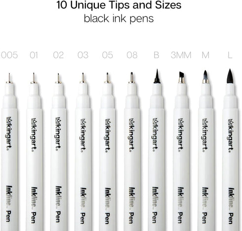 KINGART 430-10 PRO Inkline Black Micro Line & Precision Graphic Pens, 10 Assorted Nibs, BLACK Archival Waterproof Japanese Ink for Art, Illustrati...
