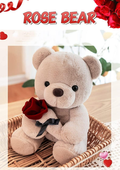 9.8'' Teddy Bear with Rose, Soft Plush Bear Doll Stuffed Animals Toys Valentines Day Decor Gifts for Her/Girlfriend Lover Mom Kids (Gray)...
