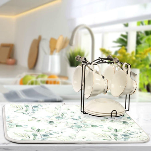 Green Leaves Dish Drying Mat for Kitchen Counter Herb Plant White Drying Mats Super Absorbent Reversible Microfiber Kitchen Countertop Protector D...