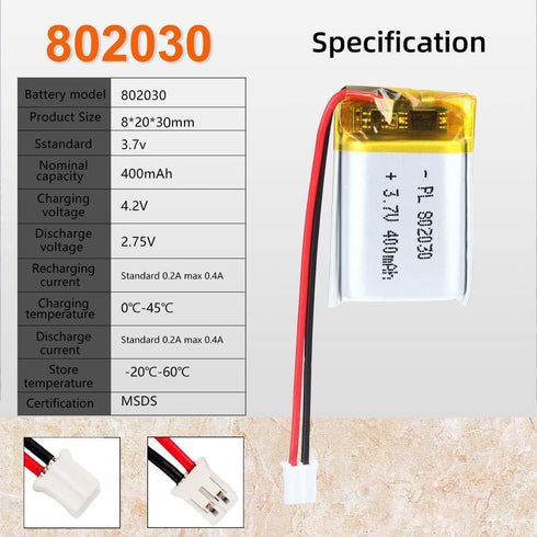 3.7V 400mAh 802030 Lipo battery Rechargeable Lithium Polymer ion Battery Pack with PH2.0mm JST Connector...