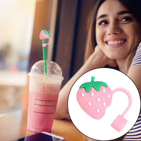 Pink Cute Strawberries Cartoon Straw Silicone Straw Plug, Straws Decorative Cap Staw Tips Bottle Accessories?Drinking Straw Dispensers?Kitchen Ute...