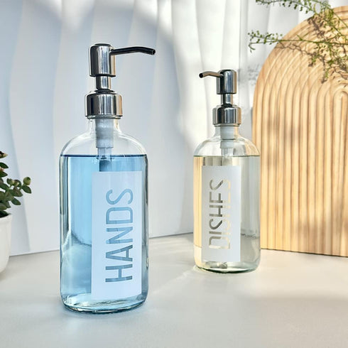 JASAI 2Pack 18OZ Glass Soap Dispenser with Rustproof 304 Stainless Steel Pump, Kitchen Soap Dispenser with Hands & Dishes Label, Refillable Dish S...