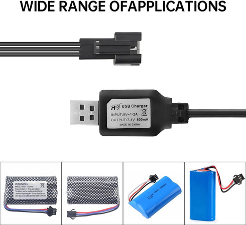 2PCS 7.4V 800mh USB Charging Cable with SM-3P Plug Connector for RC Excavator, Truck, Tank,Huina 1575 RC Engineering Vehicle,DE43 DE60 RC Toy Car,...