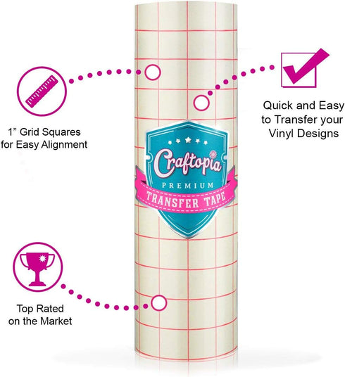 Craftopia vinyl transfer paper tape roll 12 inch x 8 feet clear, red alignment grid application tape for cricut cameo silhouette self adhesive ora...