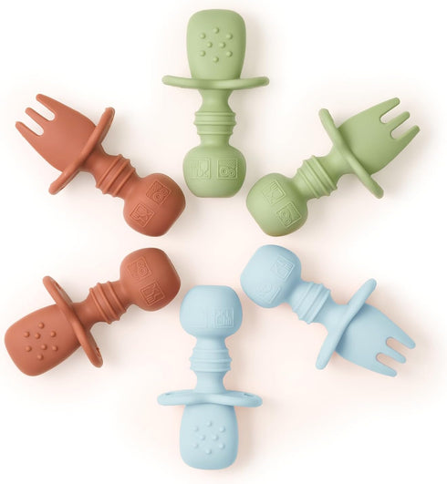 Baby Utensil Set (6 pcs) - Self Feeding Spoons - Silicone & BPA Free - Baby-Led Weaning (BLW) Supplies - Ages 6+ Months - Set of 6 - Brown, Green,...