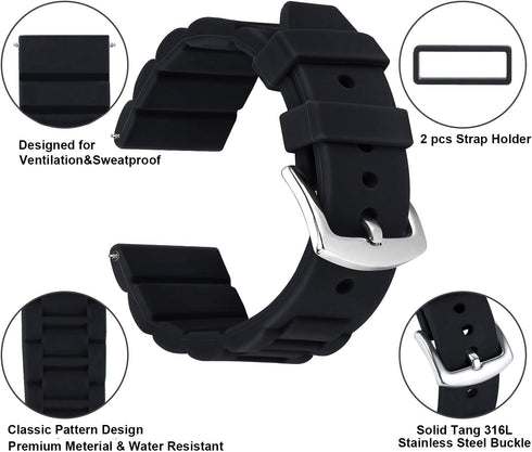 24mm Black Silicone Rubber Watch Strap Band Stainless Steel Black Buckle for Fossil Watch...