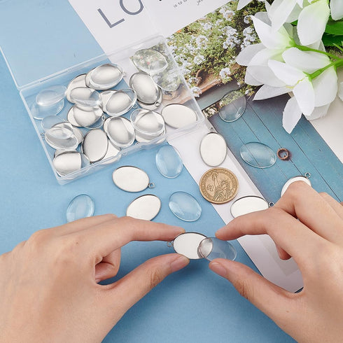 PH PandaHall 20PCS Oval Photo Charms Pendant Blank Trays Bezel, 20PCS Transparent Glass Cabochon Dome Tiles Memorial Photo Pendant for Jewelry Mak...