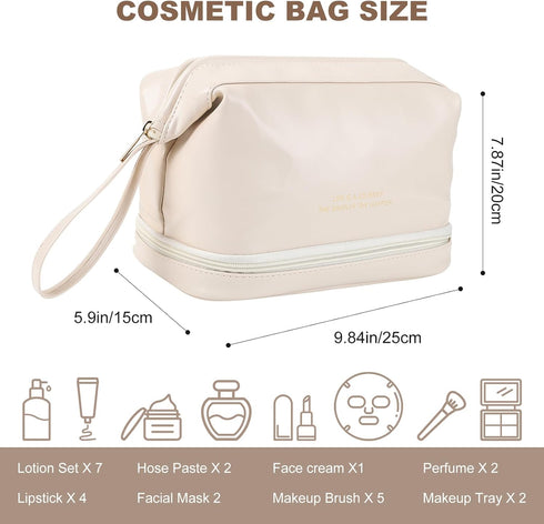 Cosmetic Travel Bag, Double Layer Cosmetic Bag, Large Makeup Bag, Travel Makeup Bag, Makeup Organizer Bag, Leather Cosmetic Bag, Waterproof Toilet...