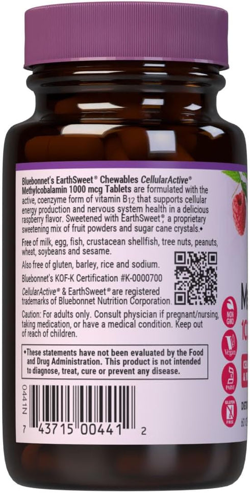 Bluebonnet EarthSweet Methylcobalamin 1,000 mcg Active Coenzyme Form of Vitamin B12 Supports Energy Boost & Metabolism - Vegan, Gluten-Free - Rasp...