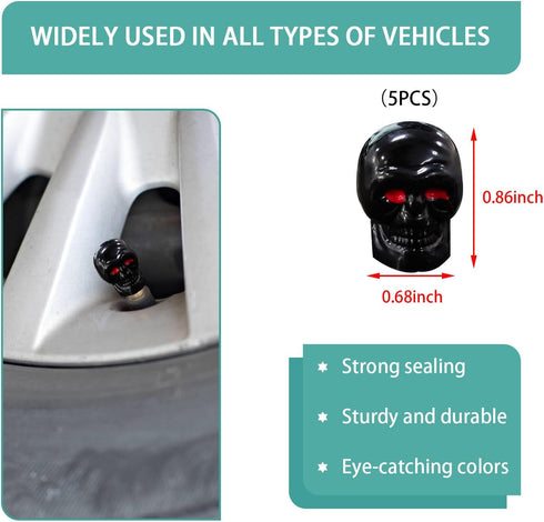 5 PCS Skull Style Tire Valve Stem Caps with Rubber Ring, Red Eyes Car Air Caps Cover, Antirust Copper Liner Tire Caps, Universal Stem Covers for C...