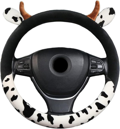 Cow Print Plush Warm Steering Wheel Cover Cute Animal Car Steering Wheel Cover for SUV Van Sedan Car Truck Gift for Women, Universal 15"...