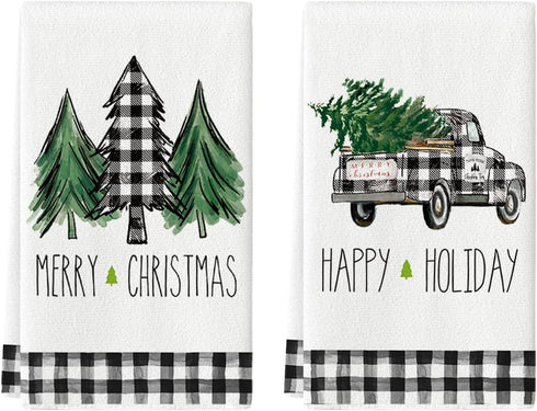 Artoid Mode Buffalo Plaid Truck Trees Kitchen Dish Towels Merry Christmas, 18 x 26 Inch Winter Drying Cloth Tea Towels for Cooking Baking Set of 2...