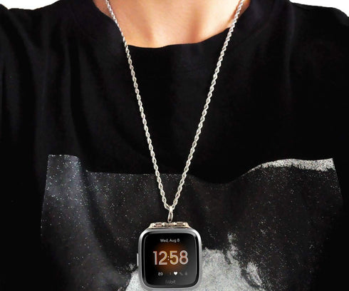 Stainless Steel Chain Necklace Smartwatch Band Compatible with Fitbit Versa 1/2/Lite Newest Polished Silver Metal Twisted Chain Strap Rope Neckban...