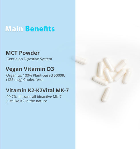 Vitamin D3 K2 with MCT, 5000 IU Vegan D3 & 100 mcg MK7 K2, Support Strong Bones and Immune Health - 60 Capsules (60 Days Supply)...