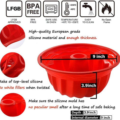 Silicone Fluted Bunte Cake Baking Pan, European-Grade LFGB Top-Level Silicone Round Cake Mold, Non-Stick Cake Pan for Jello,Gelatin,Bread, 9.45 In...