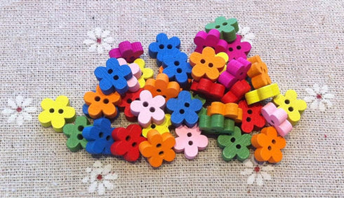 AKOAK 100Pcs/set 15mm Wooden Mixed Color Two-Eye Flower Button Children's Clothing Button, Dress Shirt Decorative Button, DIY Craft Sewing Button...