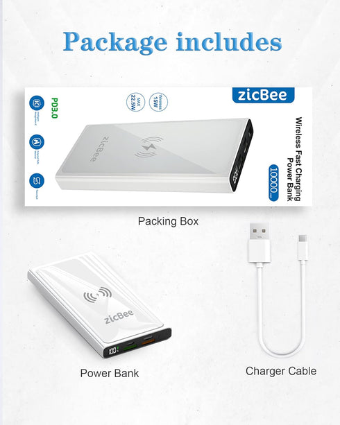 15W Wireless Portable Charger, 22.5W PD20W QC3.0 USB-C Fast Charging 10000mAh Power Bank LED Display, 2 Inputs and 4 Outputs, Slim & Light Externa...