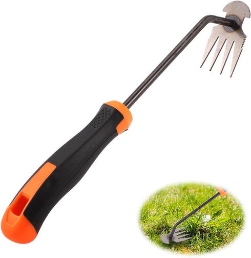 Weeding Artifact Uprooting Weeding Tool, 4 Teeth Hand Weeder Tool Stand Up Dual Purpose Rake with Rubber Handle Pulling Stainless Steel Multifunct...