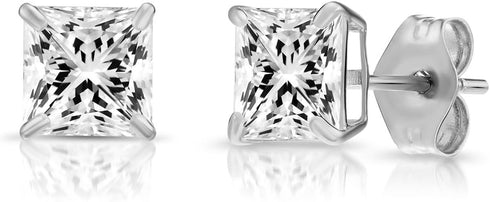 14k White Gold Princess Cut CZ Stud Earrings Real Gold Cubic Zirconia Studs with Solid Gold Backs Square...