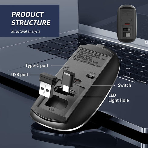Wireless Mouse Chargeable Portable Silent Wireless Mouse USB and Type-C Dual Mode Wireless Mouse 3 adjustable DPI for Laptop, Mac, MacBook, Androi...