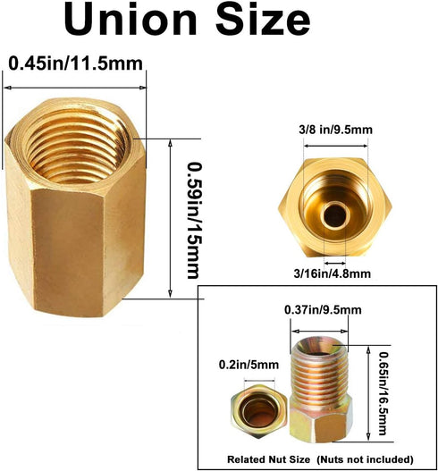 MuHize Brake Line Unions - 10 PCS Brass Inverted Flare Brake Line Unions (3/8" - 24 Threads) Assortment for 3/16" Brake Line Tube Fittings...