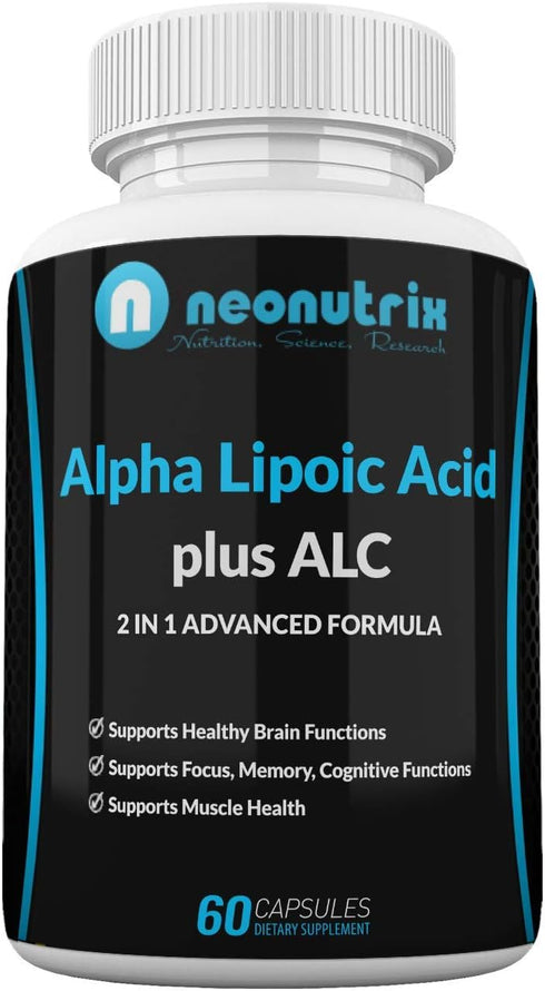 Alpha Lipoic Acid Plus Acetyl L-Carnitine Antioxidant Supplement ALA ALC for Healthy Brain Function & Muscle Strength, Focus, Memory & Cognitive F...