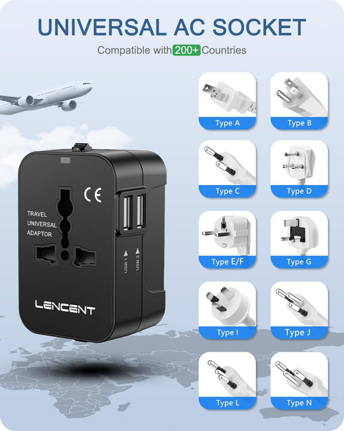 LENCENT International Travel Adapter, Worldwide All in One Universal Power Wall Charger AC Power Plug Adapter with 2 USB Charging Ports for USA EU...