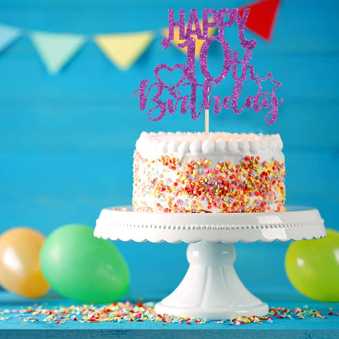 Purple Glitter Happy 10th Birthday Cake Topper for Cheers to 10 Years - Children's Birthday Party Cake Decorations...
