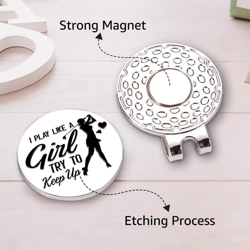 I Play Like A Girl Try to Keep Up Golf Ball Marker with Magnetic Hat Clip, Funny Golf Accessories and Golf Gifts for Women Her Wife Daughter, Birt...