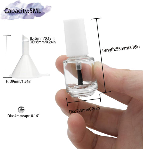6PCS Empty Nail Polish Bottles with Brush White Cap, 5ML Empty Clear Glass Refillable Nail Fingernail Polish Bottles Circle with mixing beads & Fu...