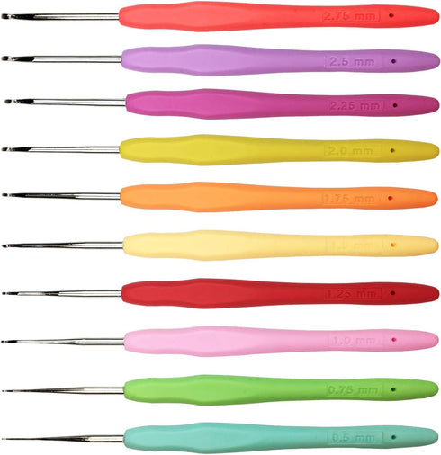 Set of 10 Small Size Crochet Hook Set, Ergonomic Handle Crochet Hook Needles for Arthritic Hands, Thread Crochet Steel Lace Hooks Size 0.5mm to 2....