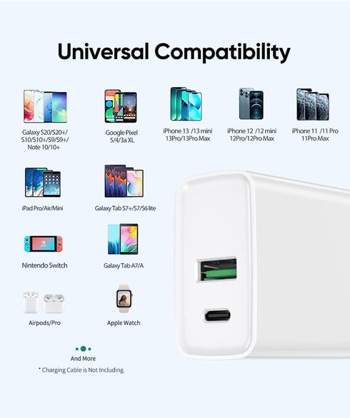 USB C Wall Charger PD 20W, Dual Port Power Delivery Fast Charge Block Plug Adapter Compatible with iPhone 15/14/13/12/11/Pro Max, XS/XR/X, AirPods...