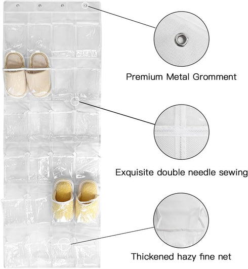 1 Pack 24 Clear Crystal Pockets Large Hanging Shoe Organizer Over The Door Shoe Rack for Closet Door Storage Shoe Holder Hanger, 4 Hooks, ALL Whit...